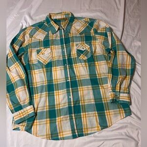 Wrangler Turquoise and Mustard Checkered Shirt Women’s XXL Pearl Snap Western